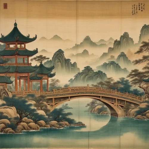 oriental painting,cool woodblock images,chinese art,japanese art,woodblock prints,dragon bridge,chinese architecture,chinese screen,asian architecture,the golden pavilion,xi'an,yangqin,chinese background,khokhloma painting,chinese style,wooden bridge,luo han guo,golden pavilion,yunnan,forbidden palace