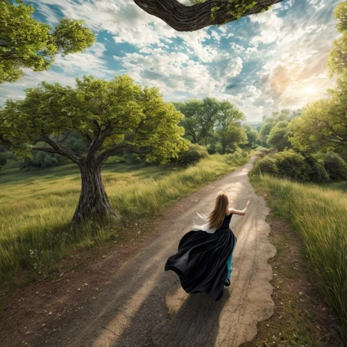 girl walking away,woman walking,girl with tree,pathway,the mystical path,landscape background,the way of nature,online path travel,the path,world digital painting,fantasy picture,people in nature,photoshop manipulation,the girl next to the tree,the road to the sea,nature and man,girl in a long,idyllic,forest path,travel woman,Common,Common,Film