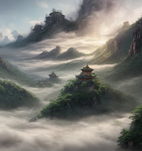 fantasy landscape,mountain landscape,mountainous landscape,japan landscape,mountain scene,japanese mountains,chinese clouds,landscape background,mount scenery,sea of clouds,high landscape,foggy landscape,japanese background,tsukemono,tigers nest,chinese background,chinese art,panoramic landscape,the landscape of the mountains,yunnan,Game Scene Design,Game Scene Design,Chinese Martial Arts Fantasy