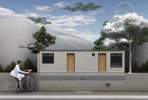 3d rendering,digital compositing,bicycle,school design,cubic house,frame house,bicycle trailer,render,bicycle path,cooling house,artistic cycling,sky space concept,bicycle lane,cube house,pigeon house,snowhotel,inverted cottage,white buildings,eco-construction,quarantine bubble,Architecture,General,Modern,Geometric Harmony