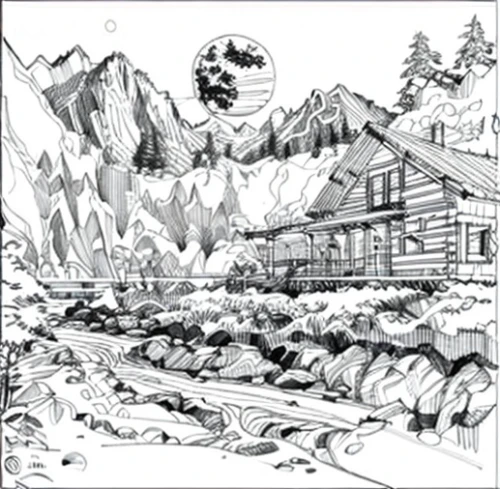 mountain hut,mountain huts,mountain station,coloring page,cd cover,mountain scene,coloring pages,alpine hut,vajont,alphütte,ramsau,alpine village,mountain settlement,coloring for adults,hand-drawn illustration,alpine meadows,house in mountains,mountainside,eiger,mono-line line art