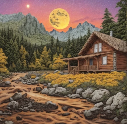 colored pencil background,alpine sunset,the cabin in the mountains,salt meadow landscape,summer cottage,mountain scene,painting technique,home landscape,mountain sunrise,house in mountains,church painting,oil on canvas,mountain station,colored pencil,oil painting on canvas,cottage,house in the mountains,log cabin,khokhloma painting,crayon colored pencil