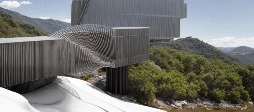 hydropower plant,stelvio yoke,futuristic architecture,moveable bridge,cooling tower,house in mountains,observation deck,cubic house,water wall,futuristic art museum,archidaily,observation tower,hydroelectricity,metal cladding,the observation deck,house in the mountains,building valley,cube stilt houses,folding roof,outdoor structure,Architecture,General,Modern,Mid-Century Modern