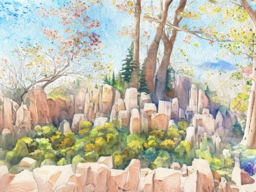 watercolor background,meadow in pastel,small landscape,springtime background,watercolor tree,background with stones,sandstone rocks,mushroom landscape,stone garden,watercolor pine tree,forest landscape,mountain stone edge,mixed forest,salt meadow landscape,quarry stone,mountain scene,autumn landscape,a small waterfall,mountain landscape,watercolor paper,Landscape,Landscape design,Landscape Plan,Watercolor