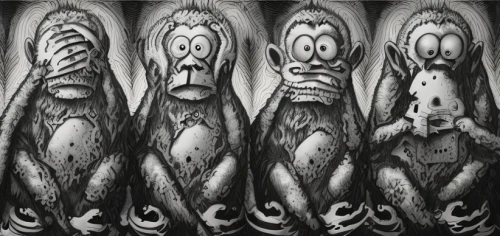 abstract cartoon art,three monkeys,animal faces,hear no evil,cartoon forest,monkey family,three wise monkeys,speak no evil,see no evil,frankenweenie,rodents,dark art,monkeys band,distorted,gnomes,split personality,toons,fractalius,optical ilusion,surrealism,Art sketch,Art sketch,Fantasy