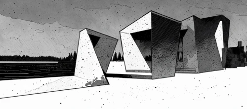 cube stilt houses,cubic house,futuristic architecture,brutalist architecture,mirror house,megaliths,archidaily,concrete blocks,buildings,architecture,orthographic,inverted cottage,megalith facility harhoog,snow house,geometry shapes,megalithic,kirrarchitecture,arhitecture,gray-scale,architectural,Art sketch,Art sketch,Comic