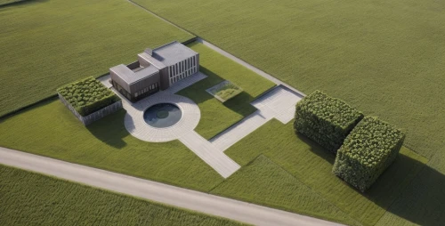 3d rendering,dutch windmill,model house,golf hotel,australian cemetery,miniature house,grass roof,render,sewage treatment plant,military cemetery,private estate,golf lawn,modern house,golf resort,cube house,residential house,scale model,inverted cottage,private house,helipad,Architecture,Villa Residence,Modern,Mid-Century Modern