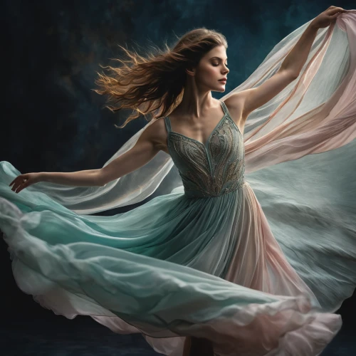 girl in a long dress,gracefulness,whirling,world digital painting,mystical portrait of a girl,celtic woman,digital painting,twirling,fantasy art,faerie,fairy queen,twirl,faery,blue enchantress,fantasy picture,evening dress,dancer,fantasy portrait,dance with canvases,the enchantress,Photography,General,Fantasy