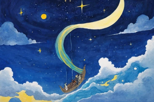 the moon and the stars,moon and star,stars and moon,sea night,moon and star background,sea fantasy,starry sky,crescent moon,sailing blue yellow,the night sky,hanging moon,moonlit night,falling star,constellation swan,starry night,night stars,tobacco the last starry sky,voyage,falling stars,constellation lyre,Illustration,Paper based,Paper Based 19