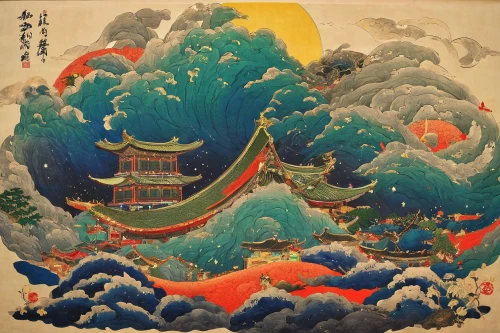 chinese art,cool woodblock images,oriental painting,japanese art,khokhloma painting,luo han guo,yi sun sin,tai qi,japanese waves,woodblock prints,yangqin,zhajiangmian,hwachae,tsukemono,vajrasattva,chinese clouds,honzen-ryōri,dragon boat,rou jia mo,qi-gong,Illustration,Paper based,Paper Based 19