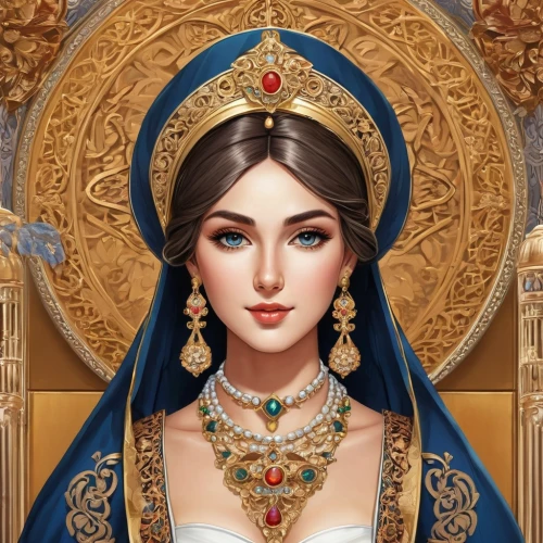 the prophet mary,cleopatra,gold jewelry,priestess,radha,diadem,sultana,cepora judith,jaya,fatima,gift of jewelry,mary-gold,dulzaina,arabian,jasmine,miss circassian,artemisia,assyrian,bridal jewelry,athena,Illustration,Realistic Fantasy,Realistic Fantasy 43