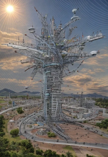 cellular tower,solar cell base,cell tower,futuristic architecture,futuristic landscape,electric tower,connected world,oil rig,sky space concept,cellular network,antenna tower,earth station,scifi,transmission tower,tower of babel,steel tower,sci-fi,sci - fi,panopticon,strange structure