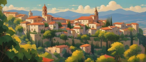 tuscan,alhambra,volterra,travel poster,mountain settlement,lombardy,city skyline,piemonte,mountain village,medieval town,medina,townscape,cityscape,blocks of houses,spa town,city scape,alpine village,rustico,modena,villages,Illustration,Vector,Vector 05