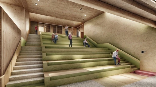 school design,3d rendering,daylighting,archidaily,core renovation,renovation,lecture hall,outside staircase,kraft paper,concrete ceiling,eco-construction,entrance hall,staircase,philharmonic hall,plywood,arq,loft,hallway space,stairwell,render