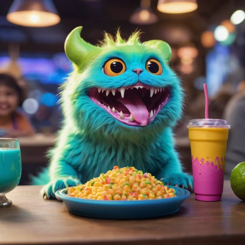 kids' meal,neon drinks,playcorn,monster's inc,löwchen,eat,fanta,colorful drinks,zebru,cgi,alligator sugar,coco,commercial,dinner,gnaw,boba,pea,neon candy corns,taco mouse,three eyed monster,Photography,General,Natural
