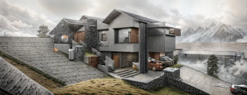 house in mountains,icelandic houses,3d rendering,house in the mountains,render,housebuilding,cubic house,mountain settlement,dunes house,modern house,mountain huts,residential house,cube stilt houses,mountain hut,eco-construction,apartment house,house with lake,build by mirza golam pir,escher village,two story house