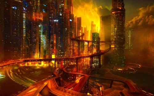 fantasy picture,fantasy city,fantasy landscape,destroyed city,futuristic landscape,sci fiction illustration,fantasy art,ancient city,pirate ship,viking ship,3d fantasy,metropolis,harbour city,heroic fantasy,viking ships,kowloon,fantasy world,dubai,city in flames,dubai marina