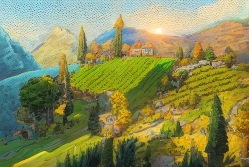 alpine village,mountain scene,mountain village,autumn mountains,panoramic landscape,vineyards,lavaux,landscape background,church painting,tuscan,mountain landscape,mountainous landscape,valley,the landscape of the mountains,landscape,piemonte,mountain settlement,mountain valley,vineyard,wine region,Common,Common,Cartoon