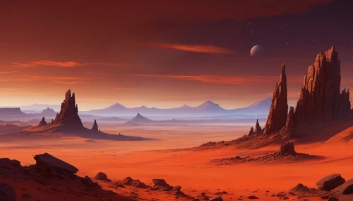 futuristic landscape,alien planet,fantasy landscape,volcanic landscape,desert landscape,lunar landscape,desert desert landscape,desert planet,dune landscape,red planet,alien world,moon valley,barren,flaming mountains,volcanic field,valley of the moon,fire planet,arid landscape,red earth,scorched earth