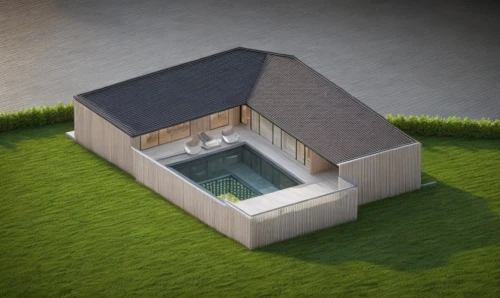 dug-out pool,3d rendering,pool house,inverted cottage,miniature house,house with lake,3d render,grass roof,sewage treatment plant,dog house,isometric,roof top pool,small house,flat roof,dog house frame,render,turf roof,3d rendered,swim ring,outdoor pool,Common,Common,Natural