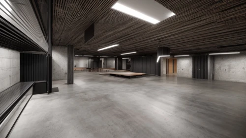 concrete ceiling,3d rendering,wooden floor,wood floor,hallway space,wood flooring,school design,render,daylighting,archidaily,flooring,exposed concrete,core renovation,empty hall,loft,arq,recessed,basement,hardwood floors,hallway,Commercial Space,Working Space,Urban Industrial