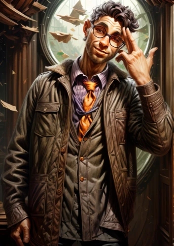 librarian,steampunk,dodge warlock,sci fiction illustration,riddler,hatter,star-lord peter jason quill,dean razorback,portrait background,cg artwork,fantasy portrait,biologist,self-portrait,investigator,raven rook,magus,magician,professor,vendor,clockmaker