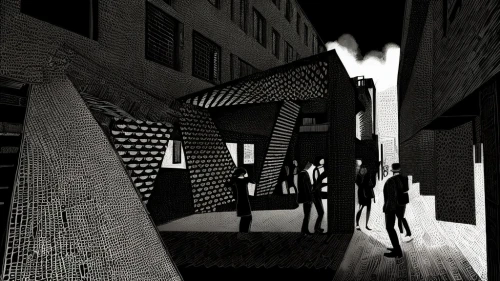 alleyway,shadow play,3d rendering,old linden alley,alley,light and shadow,street scene,daylighting,narrow street,blind alley,urban design,laneway,townscape,passage,black city,scenography,archidaily,structure silhouette,render,shadows,Art sketch,Art sketch,Woodcut