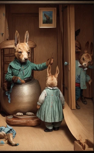 peter rabbit,anthropomorphized animals,fox and hare,the little girl's room,child fox,american snapshot'hare,children's room,whimsical animals,hare window,children's bedroom,animals play dress-up,rabbits,vintage children,puppet theatre,rebbit,wood rabbit,playschool,rabbits and hares,fox hunting,hares,Common,Common,Film