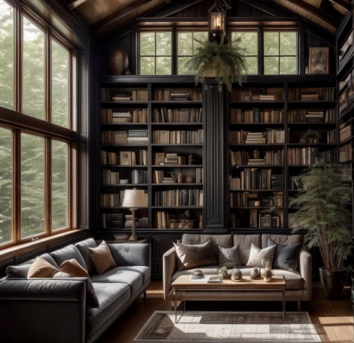 bookshelves,bookcase,book wall,reading room,bookshelf,livingroom,wooden windows,living room,wooden beams,the cabin in the mountains,interior design,loft,interiors,sitting room,great room,beautiful home,coffee and books,modern decor,log home,study room