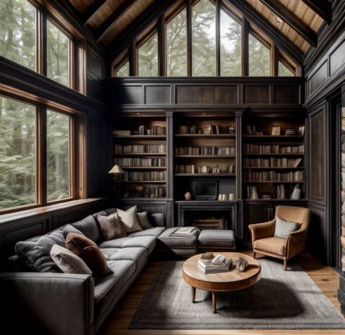 the cabin in the mountains,bookshelves,reading room,log home,log cabin,cabin,livingroom,wooden beams,living room,interior design,bookcase,sitting room,scandinavian style,great room,interiors,wooden windows,inverted cottage,book wall,the living room of a photographer,small cabin
