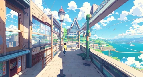 sky apartment,panoramical,studio ghibli,sky,roof landscape,cablecar,sky train,atmosphere,scenery,honolulu,virtual landscape,violet evergarden,summer sky,clouds - sky,sky city,darjeeling,fantasy city,euphonium,walkway,amusement park,Common,Common,Japanese Manga