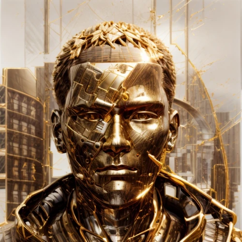 gold mask,c-3po,bust of karl,golden mask,3d man,cd cover,gold paint stroke,gold foil 2020,kendrick lamar,album cover,steel man,bust,african man,metal figure,mayor,the statue,sculptor,random access memory,muhammad ali,electro