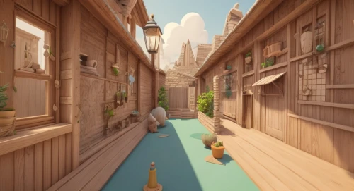 rescue alley,wooden houses,3d render,3d rendered,3d fantasy,old linden alley,alley,wooden path,narrow street,alleyway,concept art,animal lane,popeye village,render,cartoon video game background,3d rendering,boardwalk,digital compositing,riad,development concept,Game Scene Design,Game Scene Design,Cute Style