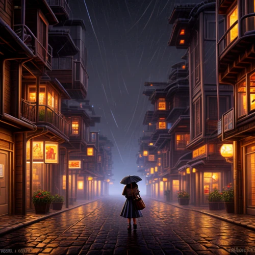 little girl with umbrella,walking in the rain,girl walking away,rainy,japanese umbrellas,rainy day,rainy season,heavy rain,kyoto,world digital painting,japanese architecture,rainstorm,in the rain,japan landscape,alleyway,raining,alley,rainy weather,rain,kanazawa