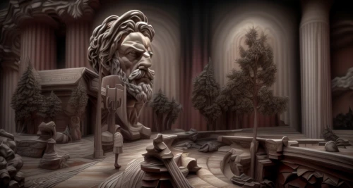 hall of the fallen,mortuary temple,3d fantasy,chess pieces,labyrinth,chess piece,classical antiquity,the sphinx,sepulchre,mandelbulb,antiquity,the throne,neoclassical,mausoleum ruins,the court sandalwood carved,sphinx,greek gods figures,digital compositing,king lear,chessboards
