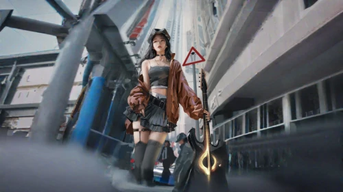 anime 3d,digital compositing,3d fantasy,3d rendered,shibuya,zipline,beautiful girls with katana,34 meters high,girl on the stairs,render,rope climbing,fire escape,photomanipulation,tiber riven,kantai collection sailor,drg,alleyway,alley,action-adventure game,rendering