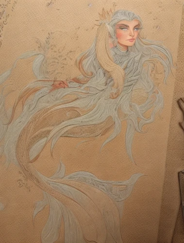 the snow queen,chalk drawing,white rose snow queen,wall painting,meticulous painting,mermaid background,colored pencil background,coloring outline,mucha,gold foil mermaid,painting work,progresses,art nouveau,fantasy art,unfinished,fabric painting,mermaid scale,hand painting,art nouveau design,white lady