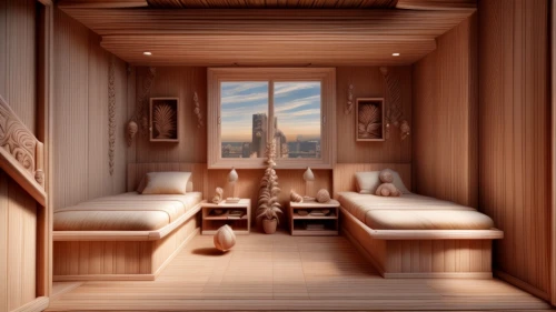 japanese-style room,wooden sauna,luxury bathroom,inverted cottage,3d rendering,cabin,bedroom,modern room,houseboat,danish room,wooden house,sleeping room,attic,the cabin in the mountains,hallway space,penthouse apartment,guest room,chalet,sauna,great room