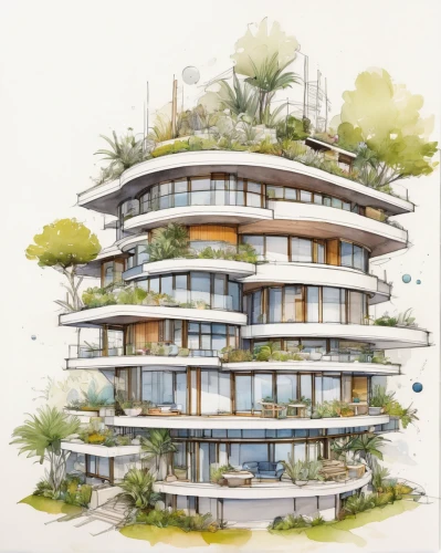 residential tower,garden elevation,condominium,futuristic architecture,eco-construction,balconies,kirrarchitecture,modern architecture,archidaily,japanese architecture,multi-storey,architect plan,eco hotel,houses clipart,apartment building,floating island,sky apartment,apartments,arhitecture,multistoreyed,Illustration,Paper based,Paper Based 07
