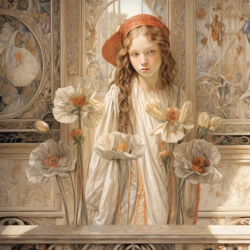 art nouveau,mucha,baroque angel,the angel with the veronica veil,emile vernon,jessamine,decorative figure,art nouveau design,girl picking flowers,girl with bread-and-butter,rococo,orange blossom,the prophet mary,girl in flowers,young girl,dornodo,girl in a wreath,chiffonier,portrait of a girl,girl praying