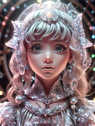 the snow queen,fantasy portrait,elf,crystalline,violet head elf,ice queen,luminous,mystical portrait of a girl,ice princess,little girl fairy,eglantine,silver,white rose snow queen,christmas angel,fae,suit of the snow maiden,ice crystal,aurora,fairy galaxy,angel's tears