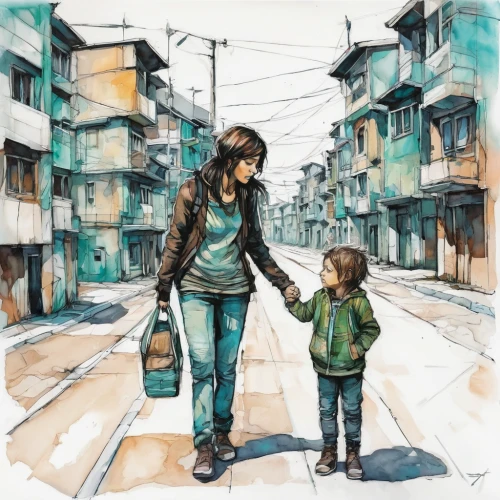 little girl and mother,walk with the children,little boy and girl,shirakami-sanchi,little girls walking,father and daughter,girl and boy outdoor,kids illustration,boy and girl,travelers,mother and daughter,two girls,world digital painting,street scene,pedestrian,pencil color,watercolor painting,pedestrians,digital nomads,watercolor,Illustration,Realistic Fantasy,Realistic Fantasy 23