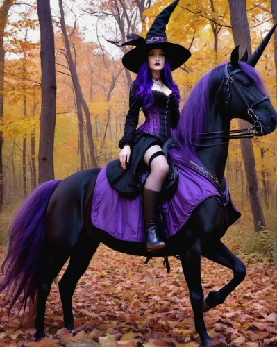 halloween witch,horseback,fantasy picture,gothic fashion,the witch,witch driving a car,equestrian,witches' hats,witch hat,witch,celebration of witches,wicked witch of the west,horseback riding,gothic woman,black horse,sorceress,witches,witch broom,dark purple,witches hat,Illustration,Realistic Fantasy,Realistic Fantasy 07