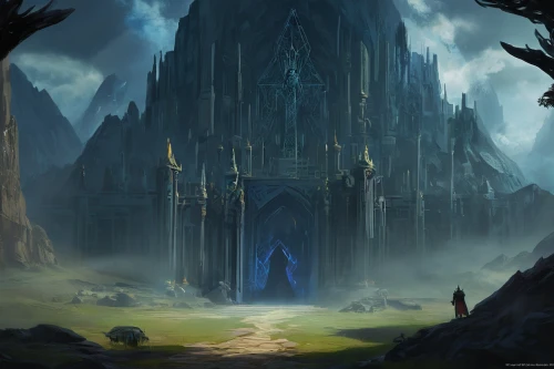 castle of the corvin,haunted cathedral,hall of the fallen,fantasy landscape,gothic architecture,northrend,ghost castle,fantasy picture,cathedral,portal,concept art,knight's castle,gothic church,mausoleum ruins,necropolis,monastery,gothic,heroic fantasy,gothic style,arcanum,Conceptual Art,Fantasy,Fantasy 02