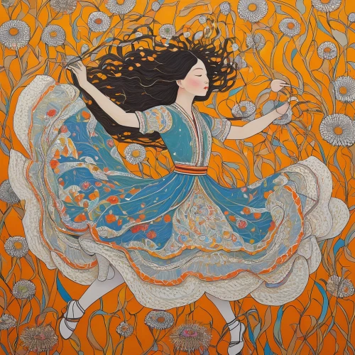 radha,arabesque,khokhloma painting,persian,orange blossom,krishna,sari,dancer,indian art,rangoli,shirakami-sanchi,little girl in wind,whirling,art nouveau,ethnic dancer,flying carpet,flamenco,persian poet,throwing leaves,iranian,Illustration,Japanese style,Japanese Style 16