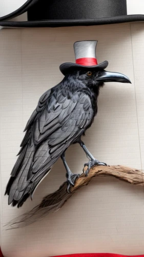 3d crow,stovepipe hat,prince of wales feathers,raven sculpture,top hat,costume hat,carrion crow,butcherbird,corvidae,corvid,inca tern,black hat,magpie,crows bird,peaked cap,animals play dress-up,bowler hat,new caledonian crow,australian magpie,paper art,Common,Common,Photography