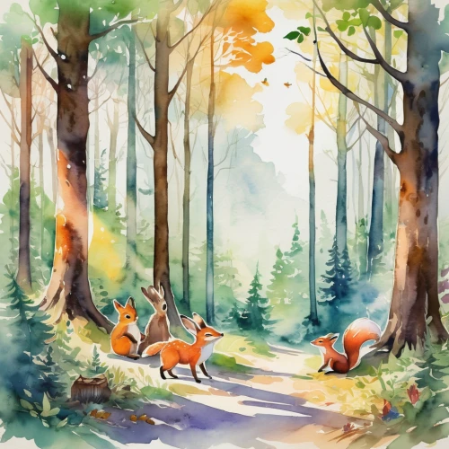 woodland animals,forest animals,watercolour fox,foxes,forest background,watercolor background,cartoon forest,forest glade,happy children playing in the forest,fairy forest,forest walk,garden-fox tail,forest path,autumn forest,fox stacked animals,in the forest,forest landscape,forest,forest of dreams,forest road,Illustration,Paper based,Paper Based 25