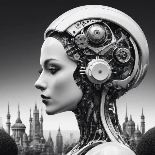 biomechanical,clockmaker,steampunk,cybernetics,clockwork,watchmaker,sci fiction illustration,transistor,women in technology,head woman,humanoid,metropolis,dystopia,image manipulation,panopticon,machines,cyborg,artificial hair integrations,mechanical,wearables,Conceptual Art,Sci-Fi,Sci-Fi 03