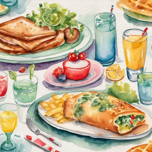 spanakopita,empanadas,herb baguette,omelet,pastellfarben,placemat,watercolor cocktails,croissants,watercolor cafe,empanada,spring pancake,watercolor tea,food table,breakfast plate,fish rolls,spring rolls,foods,tomato omelette,chimichanga,leittafel,Illustration,Paper based,Paper Based 24