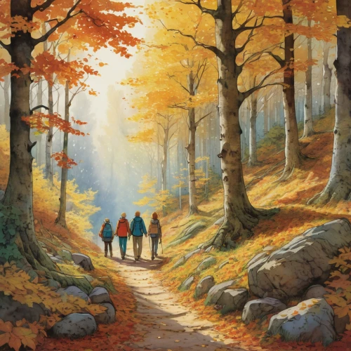 autumn walk,autumn idyll,hikers,autumn landscape,autumn background,autumn forest,autumn scenery,indian summer,walk with the children,forest walk,hiking path,autumn day,fall landscape,the autumn,autumn icon,autumn mountains,autumn theme,forest path,in the autumn,one autumn afternoon,Illustration,Paper based,Paper Based 29